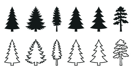 Obraz premium Fir Tree Silhouettes And Outlines On White Background