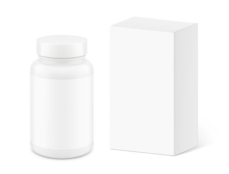 Plastic pill bottle with empty label and smooth cap and paperboard box mockup set for treats, vitamins, supplements. 3D hight realistic vector illustration isolated on white background. EPS10.