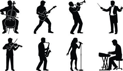 Musicians and orchestra silhouette set featuring cello, guitar, trumpet, conductor, violin, saxophone, singer, and keyboard © Unique mim Art