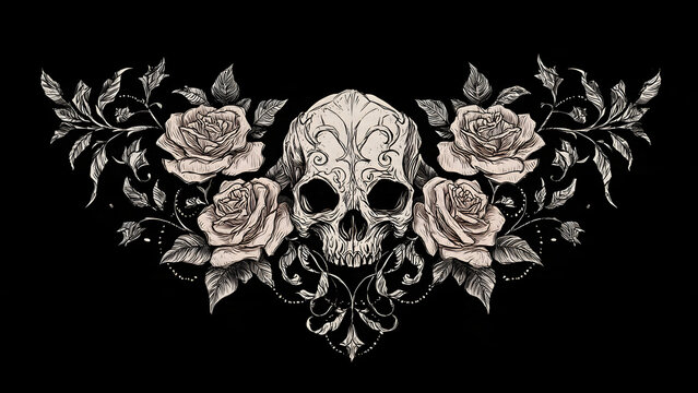 Gothic skull with vintage roses and baroque floral ornaments hand drawn illustration on black background