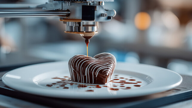Food printer chocolate heart dessert drizzle pastry plating kitchen creates intricate chocolate sculpt white plate, gourmet confection with glossy ganache, modern culinary technology, romantic mood