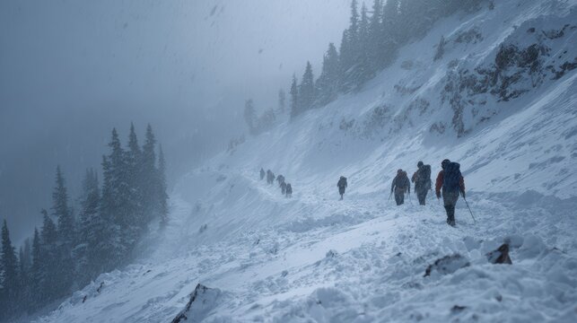 Snowy mountain storm at high altitude, hikers barely moving, heavy fog and snow, dramatic realism