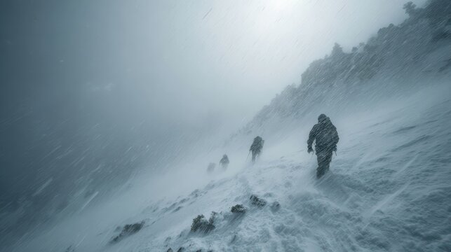 Snowy mountain storm at high altitude, hikers barely moving, heavy fog and snow, dramatic realism