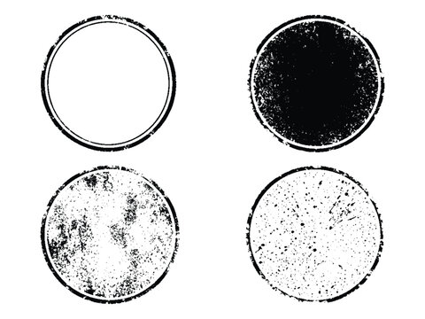 Four black grunge circular frames and shapes with distressed textures and splatters for design.