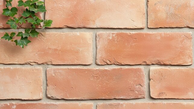  textured brick wall with a few green ivy leaves climbing from the top left corner.