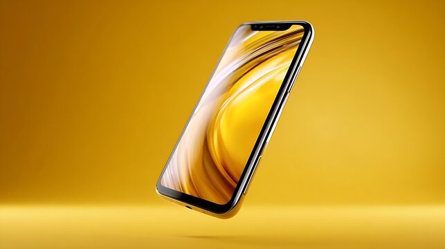 Smartphone with glass screen floating above yellow surface orange liquid mobile.