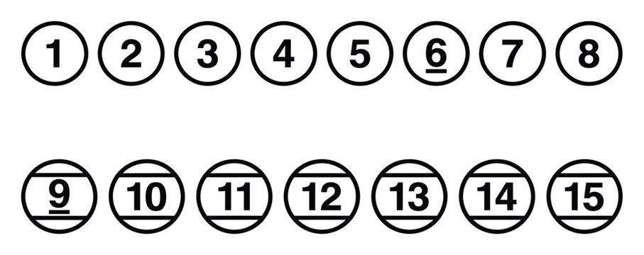 1から15まで数字順に並べたビリヤードボールのセット