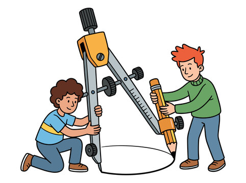 Two men operating a giant drafting compass tool together to draw a perfect circle representing precision geometry teamwork and engineering design concept vector illustration isolated on white backgrou