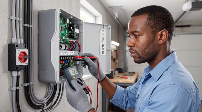 electrician electrical panel testing man multimeter wiring maintenance safety power technician measures an energized control box for trade recruitment equipment service and training campaigns