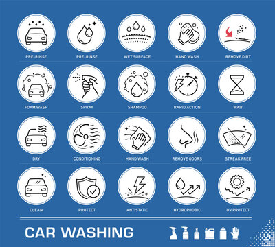 Car washing icon set for design, branding, presentation of car detailing products, services, process infographic. The outline vector icons for packaging label design. Scalable and editable. EPS10.