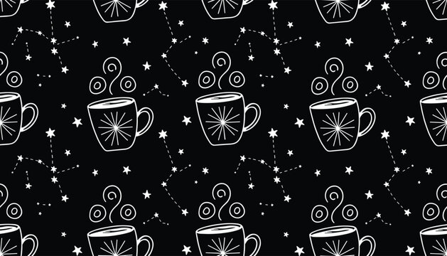 Black and white seamless pattern of hot coffee mugs steam swirls and celestial constellations of stars in the sky.