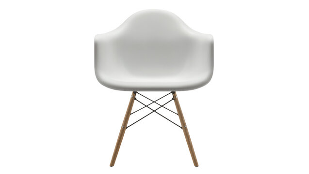 White molded plastic armchair with wooden dowel legs, isolated on transparent background
