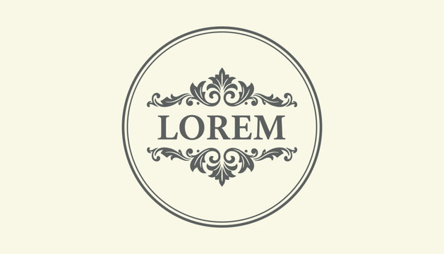 Vintage circular logo design template with classical floral flourish scrolls and lorem placeholder text in gray.