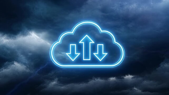 Dynamic digital cloud with pulsating neon outline and glowing upload/download arrows amidst dramatic stormy skies and crackling lightning, symbolizing digital data transfer, connectivity