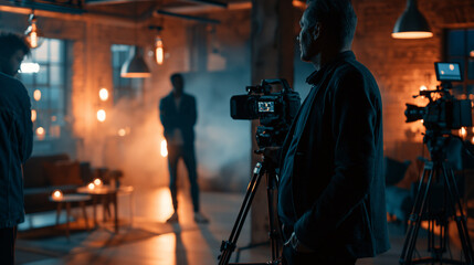 Fototapeta premium Behind the scenes of filming video products with the film crew on the set in a bright pavilion of a film studio video production concept behind the scenes film crew pavilion