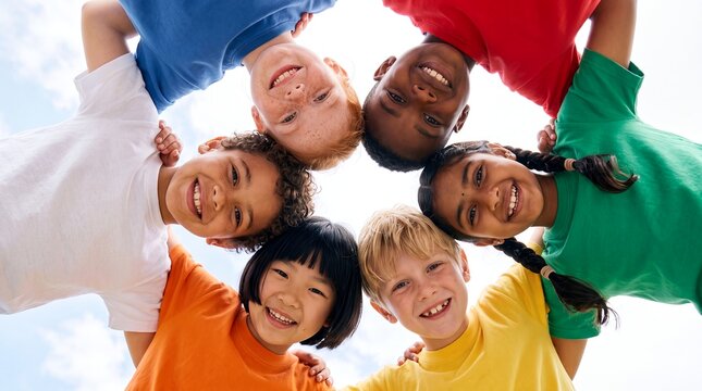 children diversity friendship teamwork circle together smiling inclusion unity childhood Diverse friends lean over the camera in huddle for belonging cooperation and positive youth community campaigns
