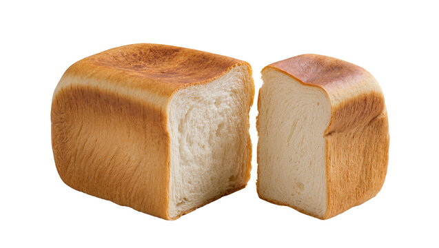 Golden brown loaf of bread sliced in half, isolated on transparent background