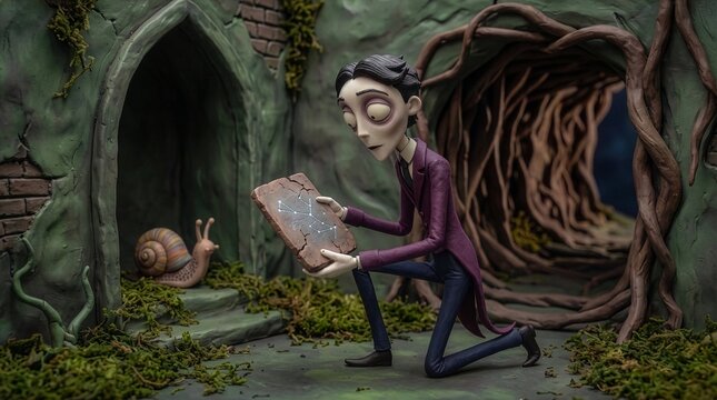 Stop-motion style pale man kneeling in a mossy gothic ruin, holding a stone tablet with a glowing constellation next to a snail.