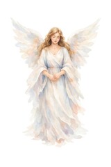 Fototapeta premium Watercolor angel with flowing robes and wings, serene and ethereal.