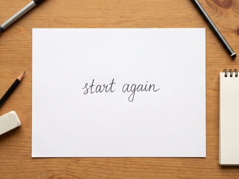 Blank white paper with motivational handwritten text start again surrounded by stationery on wooden desk