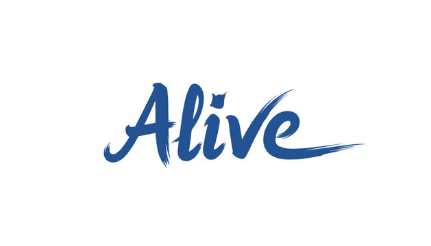 Word alive written in a dynamic hand painted blue brush script font over a clean and minimalistic white background.