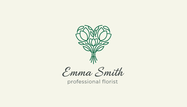 Elegant logo design for Emma Smith professional florist featuring a heart shaped green bouquet of tulips and leaves.