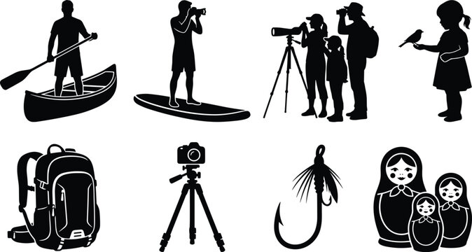Outdoor Recreation and Nature Travel Vector Silhouettes Set Including Canoeing Stand Up Paddleboard Wildlife Watching