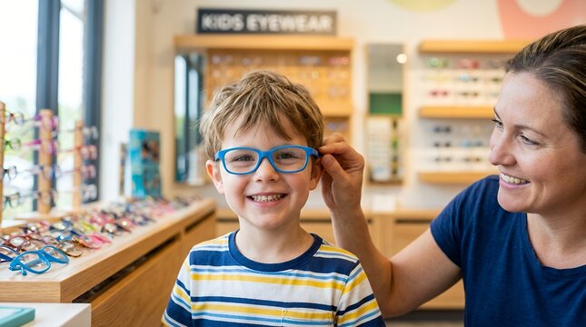 Little boy trying on glasses at optometrist. Child selecting new eyewear with mother.