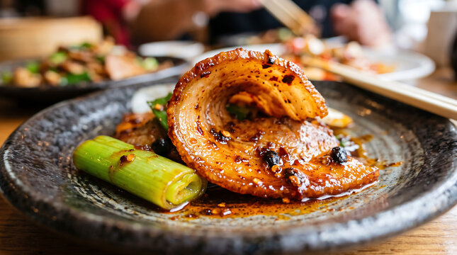 Sichuan Twice-Cooked Pork Belly Slice Coiled on Ceramic Plate with Chili Oil, Fermented Black Beans, and Leeks Close-Up