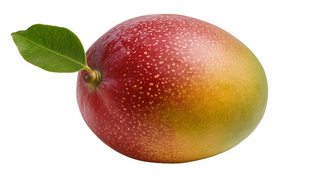 Ripe red and yellow mango with green leaf, isolated on transparent background