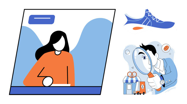 Business woman working and man using magnifying glass vector illustration. Market research, consumer behavior, corporate strategy, data analysis, retail shopping, professional planning. Office