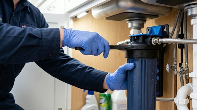 Plumber replacing water filter cartridge. Professional technician repairing kitchen sink system.