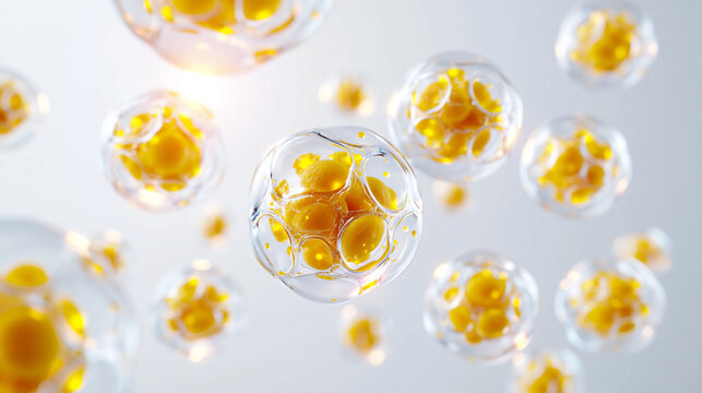 透明リポソームに封入されたセラミドとナイアシンアミドの美容成分イメージ / Ceramide and niacinamide beauty ingredient concept encapsulated in transparent liposomes