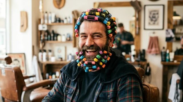 Man with colorful hair rollers in beard and hair at vintage barbershop