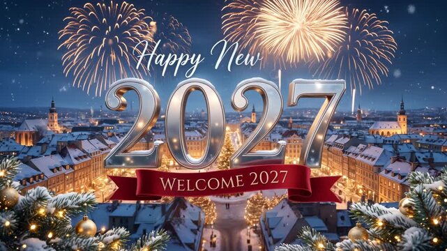 Happy new year 2027 greeting card with beautiful fireworks over a night city