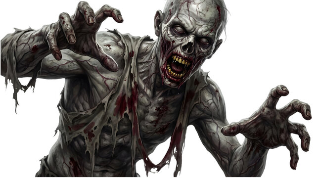 A terrifying aggressive undead zombie reaching out isolated on transparent background