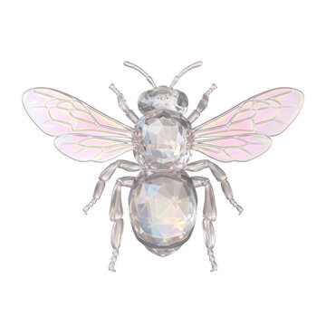 Translucent stingless bee with opal iridescent wings and clear glass body, isolated on pure transparent background
