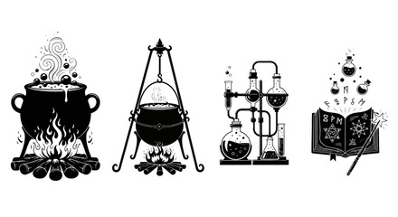 Witchcraft alchemy icons set, mystical cauldron with boiling potion on fire, magic spell book and laboratory glassware vector illustrations © MST. ASIA KHATUN