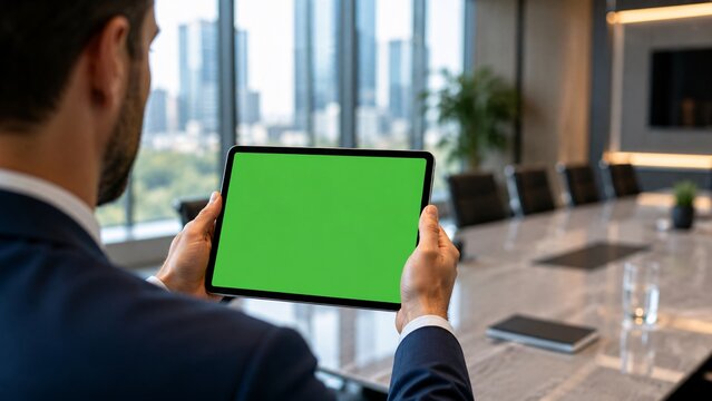 Point of view of a businessman holding a digital tablet with a blank green screen mockup in a modern corporate office
