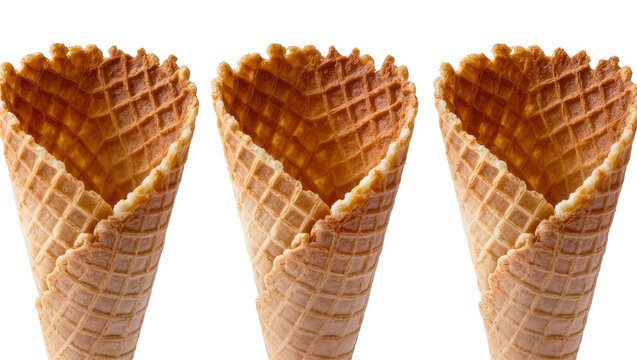 Three empty waffle ice cream cones with textured grid pattern, isolated on transparent background
