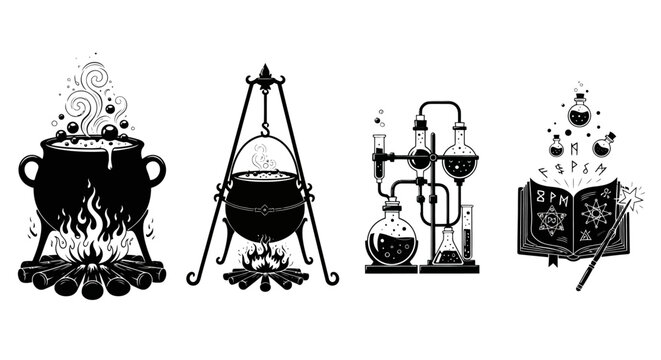 Witchcraft alchemy icons set, mystical cauldron with boiling potion on fire, magic spell book and laboratory glassware vector illustrations