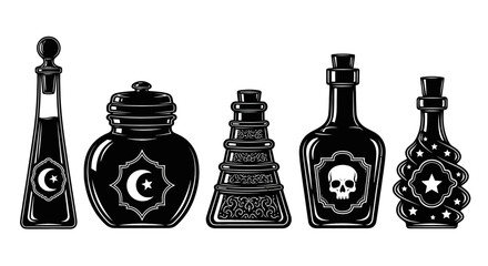 Vintage magic potion bottles vector set, mystical apothecary glass jars with moon and skull symbols, black alchemy elixir containers for halloween © MST. ASIA KHATUN