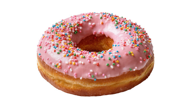 Pink frosted donut with colorful sprinkles, isolated on transparent background