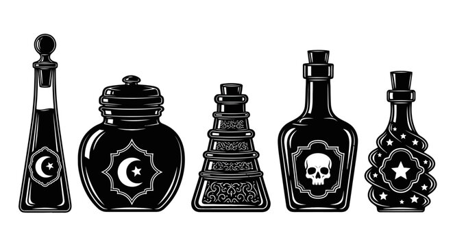 Vintage magic potion bottles vector set, mystical apothecary glass jars with moon and skull symbols, black alchemy elixir containers for halloween