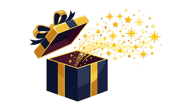 Magical Open Gift Box with Glowing Golden Stars and Sparkles