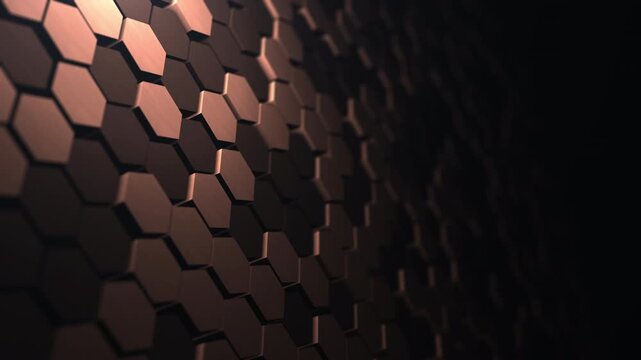 Dark copper hexagon wall with cinematic depth, futuristic 3D technology surface and elegant industrial texture.