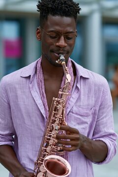 Outdoor closeup portrait of a saxophonist wearing glasses playing a rose metal saxophone for street performance