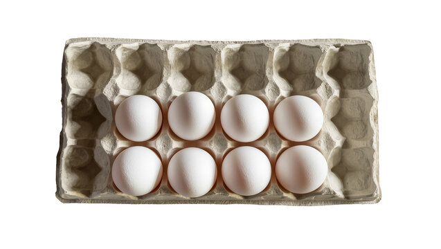Eight white chicken eggs arranged in a cardboard carton, isolated on transparent background