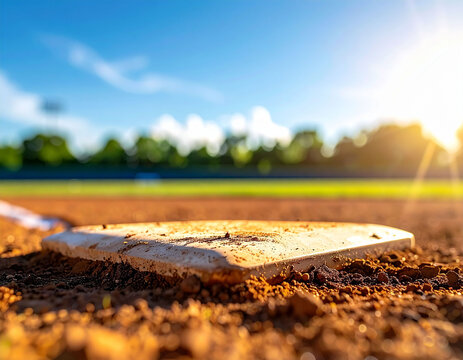 夕日に照らされる野球場のベース　グラウンドの土と青空を背景にしたスポーツの試合開始前や練習風景をイメージさせるローアングルからの写真素材　チラシやバナー制作に活用できる文字入れ用スペースのある広大な風景素材