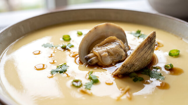 Silky Smooth Chinese Steamed Egg Custard Topped with Open Clam, Light Soy Sauce, Sesame Oil, and Chopped Scallions Close-Up